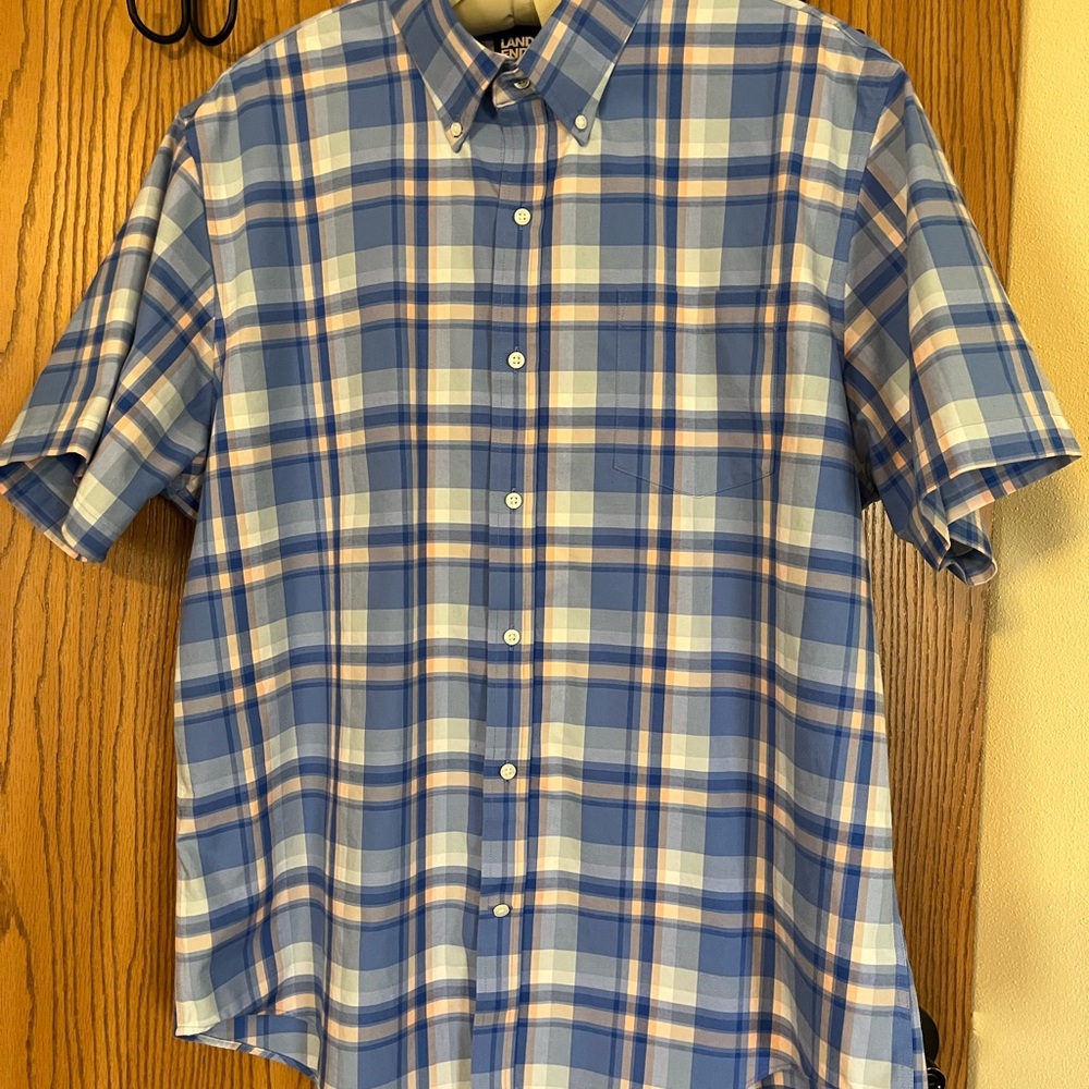 Lands' End Sz XL Shirt Men's Blue Plaid Short Sleeve Button Down Traditional Fit